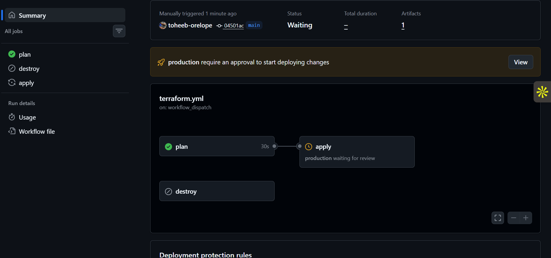 GitHub production environment approval gate waiting for review
